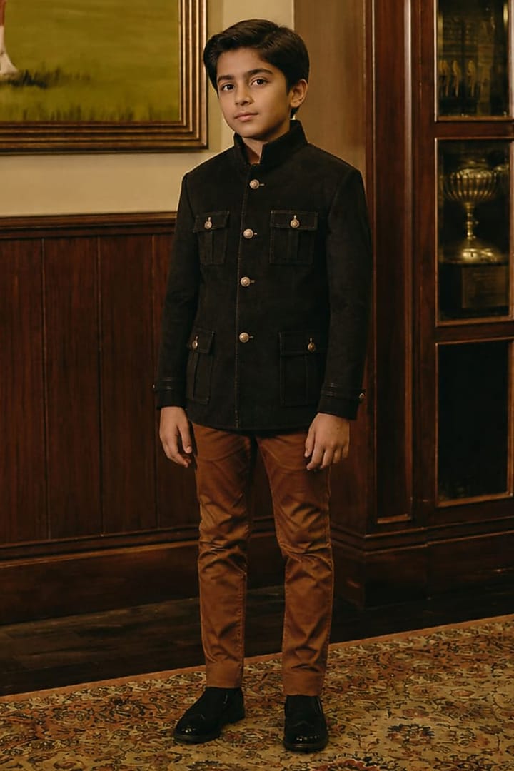 Black Suede Bandhgala For Boys by Rohit Kamra Jaipur Kids at Pernia's Pop Up Shop