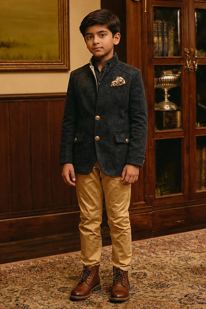 Green Suede Bandhgala For Boys by Rohit Kamra Jaipur Kids at Pernia's Pop Up Shop