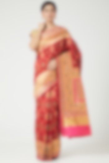 Red Silk Saree Set With Zari Border by Roliana weaves