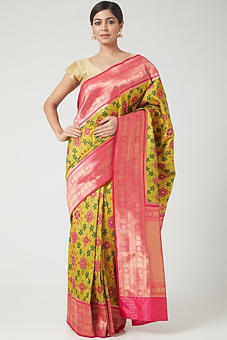 Lime Green Silk Saree Set by Roliana weaves