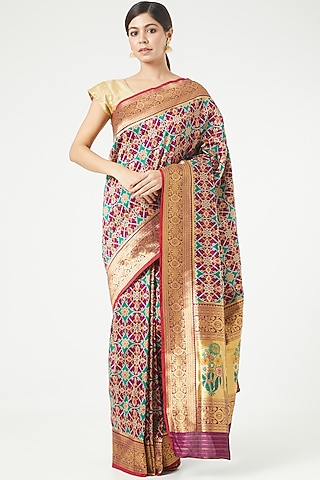 Purple Silk Saree Set With Zari Border by Roliana weaves