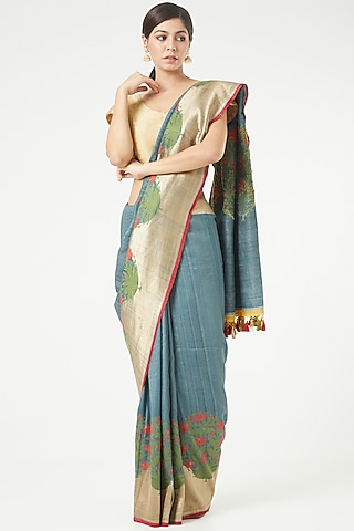 Steel Grey Tussar Georgette Saree Set by Roliana weaves