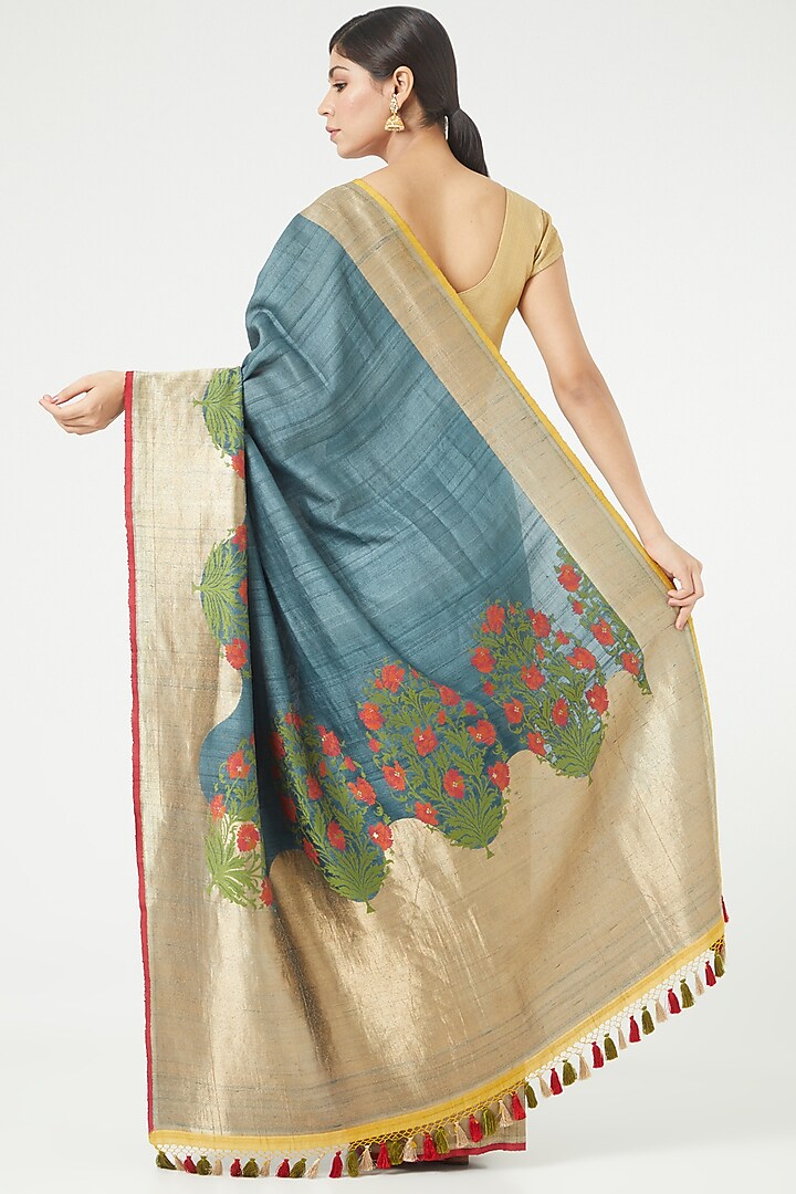 Steel Grey Tussar Georgette Wedding Saree Set by Roliana weaves at Pernia's Pop Up Shop
