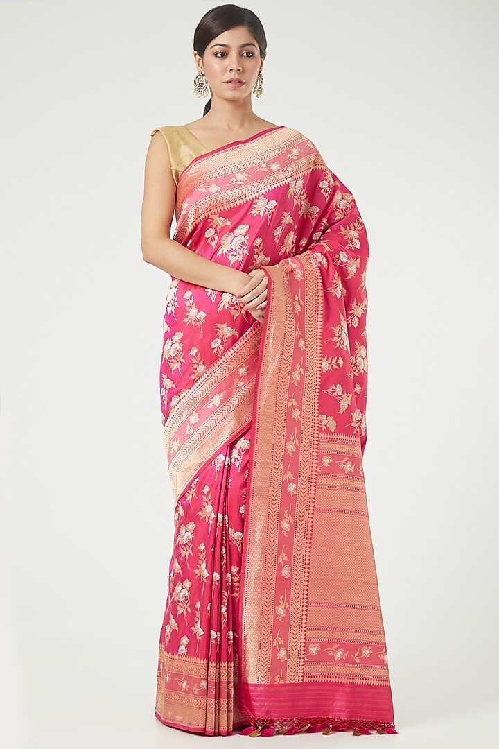 Rani Pink Silk Saree Set by Roliana weaves