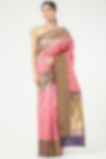 Pink Silk Saree Set With Zari Border by Roliana weaves