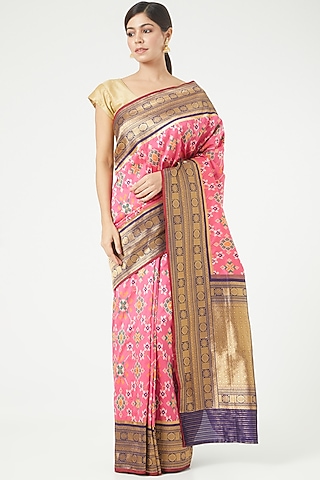 Pink Silk Saree Set With Zari Border by Roliana weaves