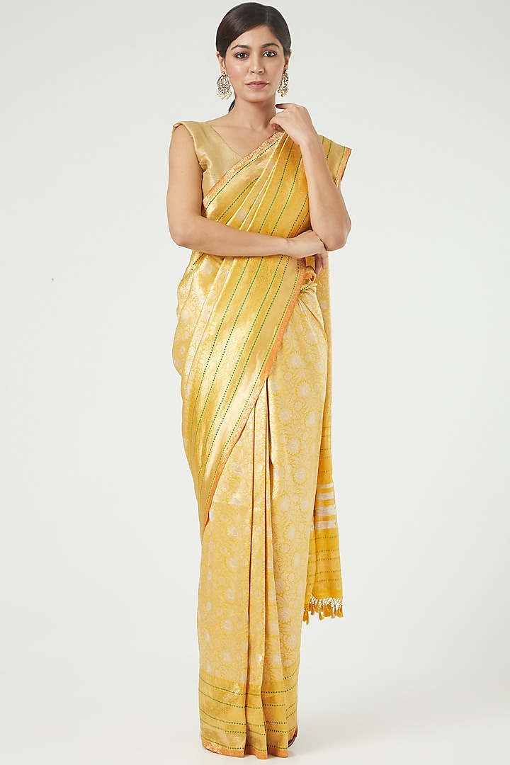 Sunflower Gold & Silver Brocade Saree Set by Roliana weaves at Pernia's Pop Up Shop