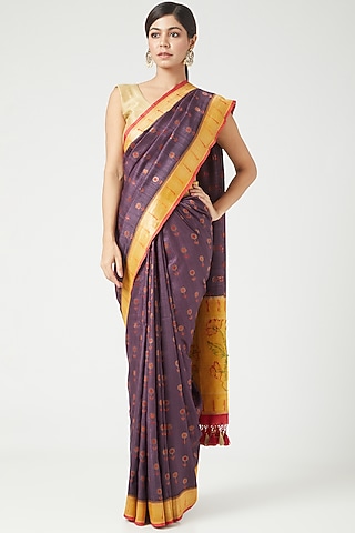 Plum Tussar Georgette Saree Set by Roliana weaves