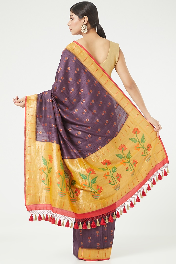 Plum Tussar Georgette Wedding Saree Set by Roliana weaves at Pernia's Pop Up Shop