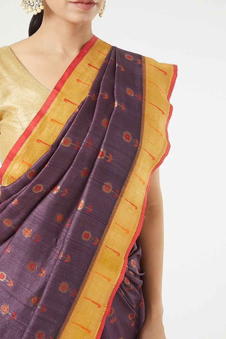 Plum Tussar Georgette Wedding Saree Set by Roliana weaves at Pernia's Pop Up Shop