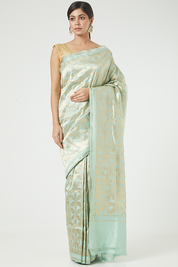 Aqua Blue Silk Saree Set by Roliana weaves at Pernia's Pop Up Shop