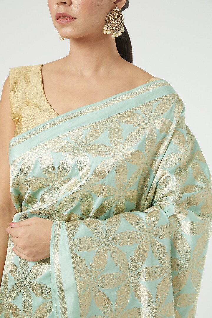 Aqua Blue Silk Wedding Saree Set by Roliana weaves at Pernia's Pop Up Shop