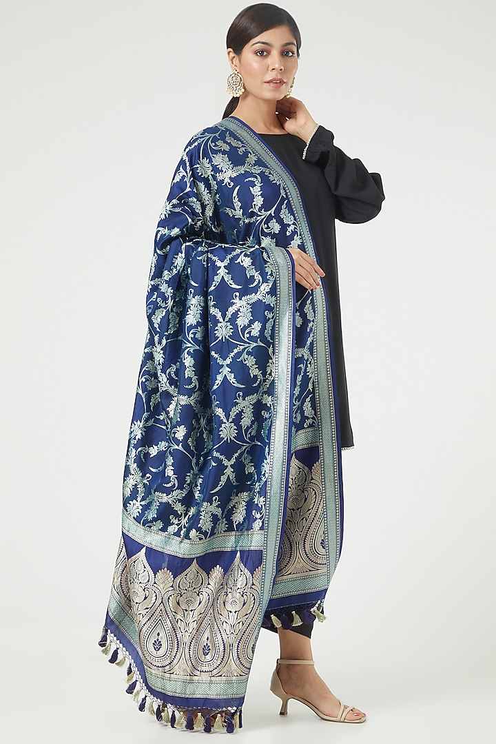 Blue Shaded Silk Dupatta With Zari Border by Roliana weaves