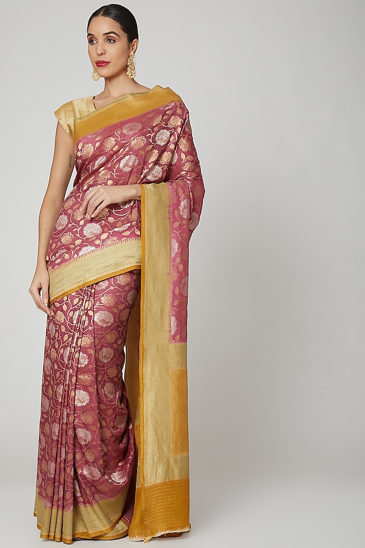 Onion Pink Embroidered Saree Set by Roliana weaves