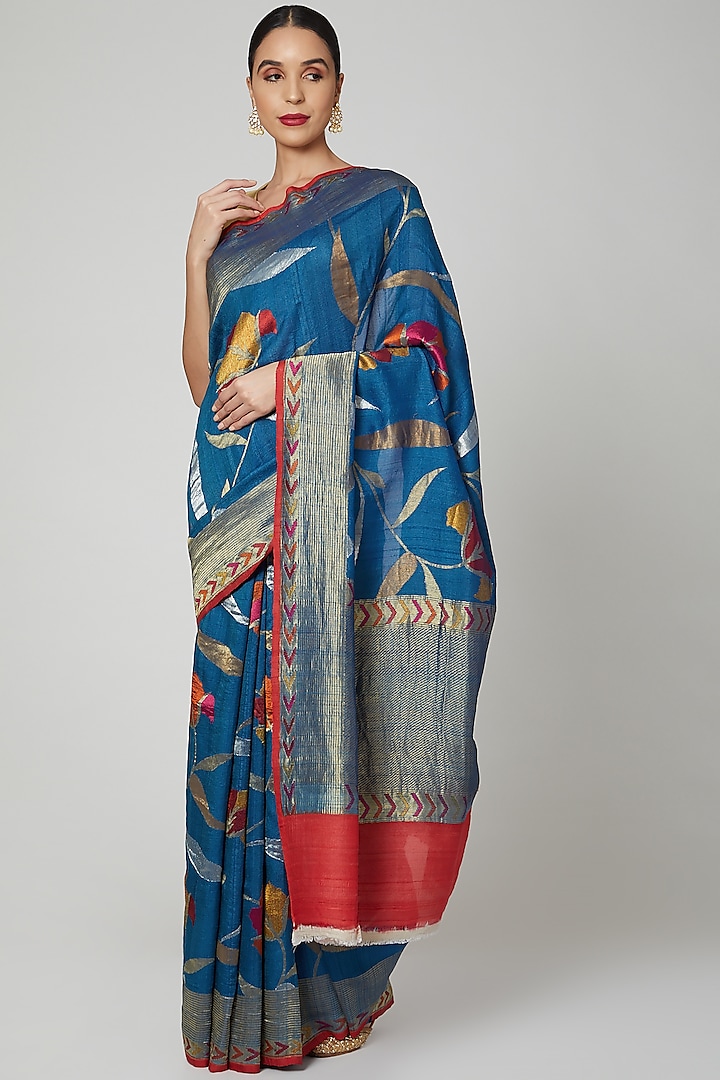 Royal Blue Embroidered Saree Set by Roliana weaves