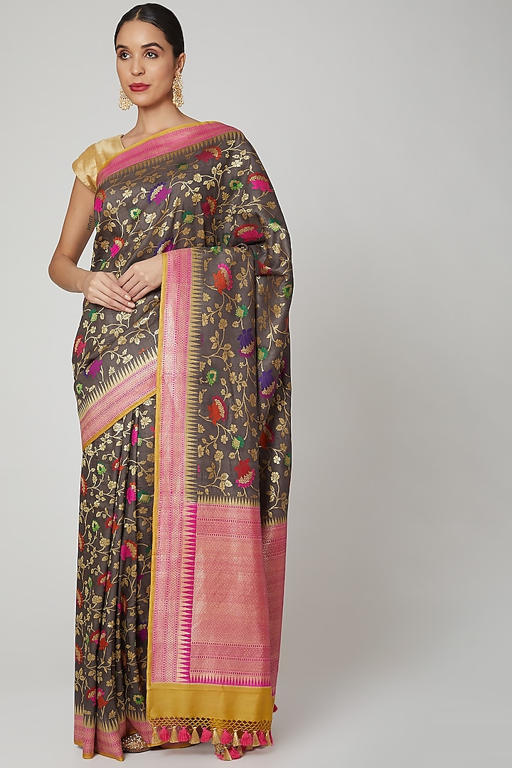 Brown Embroidered Saree Set by Roliana weaves