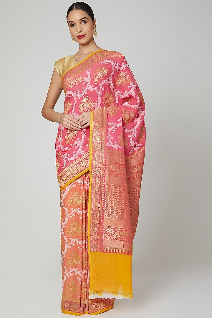 Peach Embroidered Saree Set by Roliana weaves