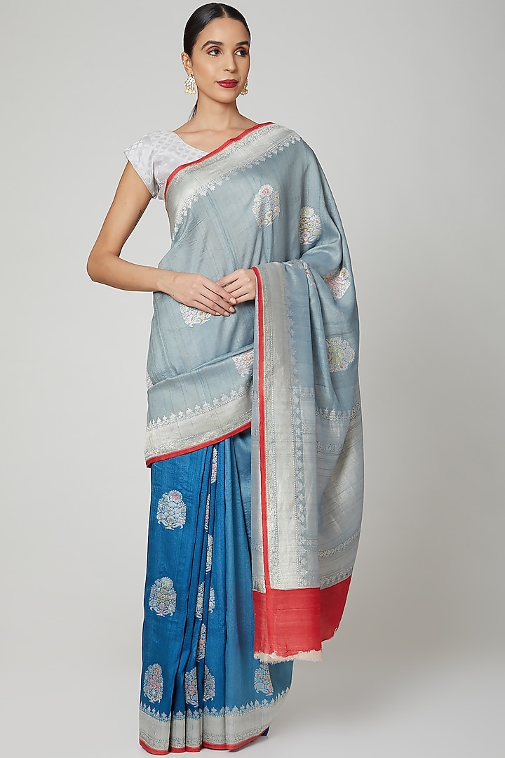 Indigo Blue Embroidered Shaded Saree Set by Roliana weaves