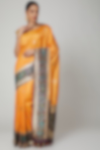 Ochre Yellow Embroidered Saree Set by Roliana weaves