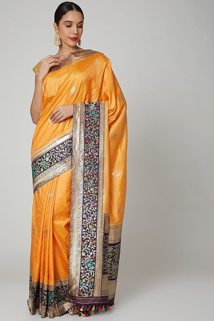 Ochre Yellow Embroidered Saree Set by Roliana weaves