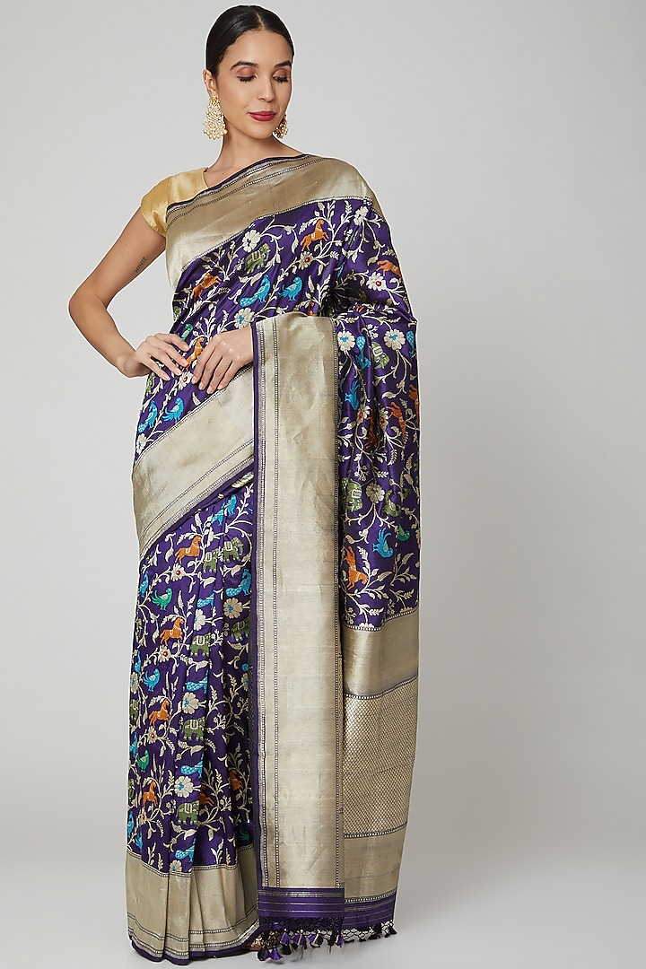 Indigo Blue Embroidered Silk Saree Set by Roliana weaves