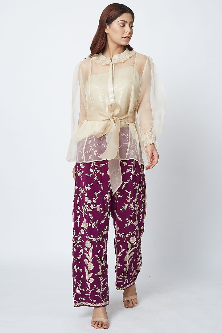 Purple Hand Embroidered Pant Set by Romaa