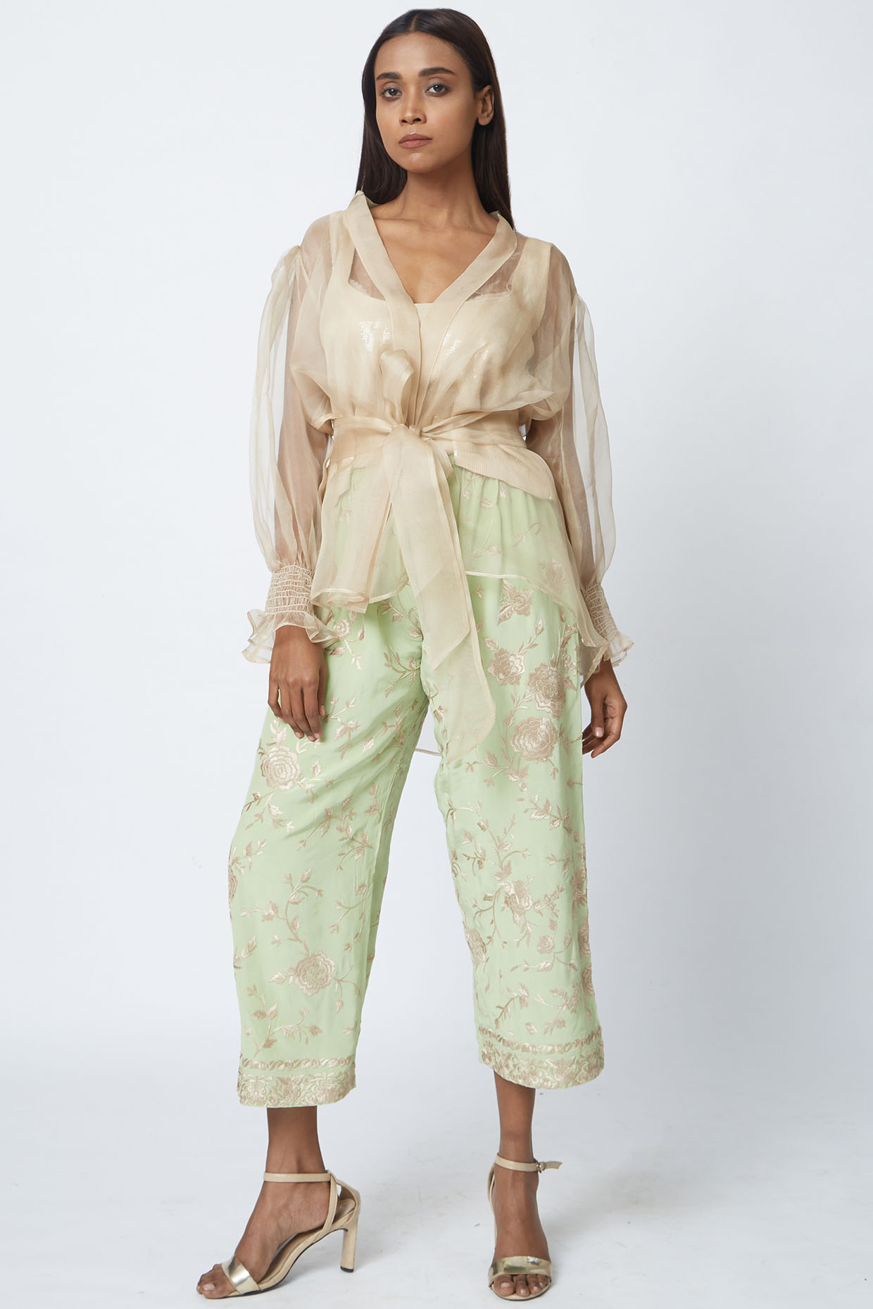 Mint Green Hand Embroidered Pant Set by Romaa