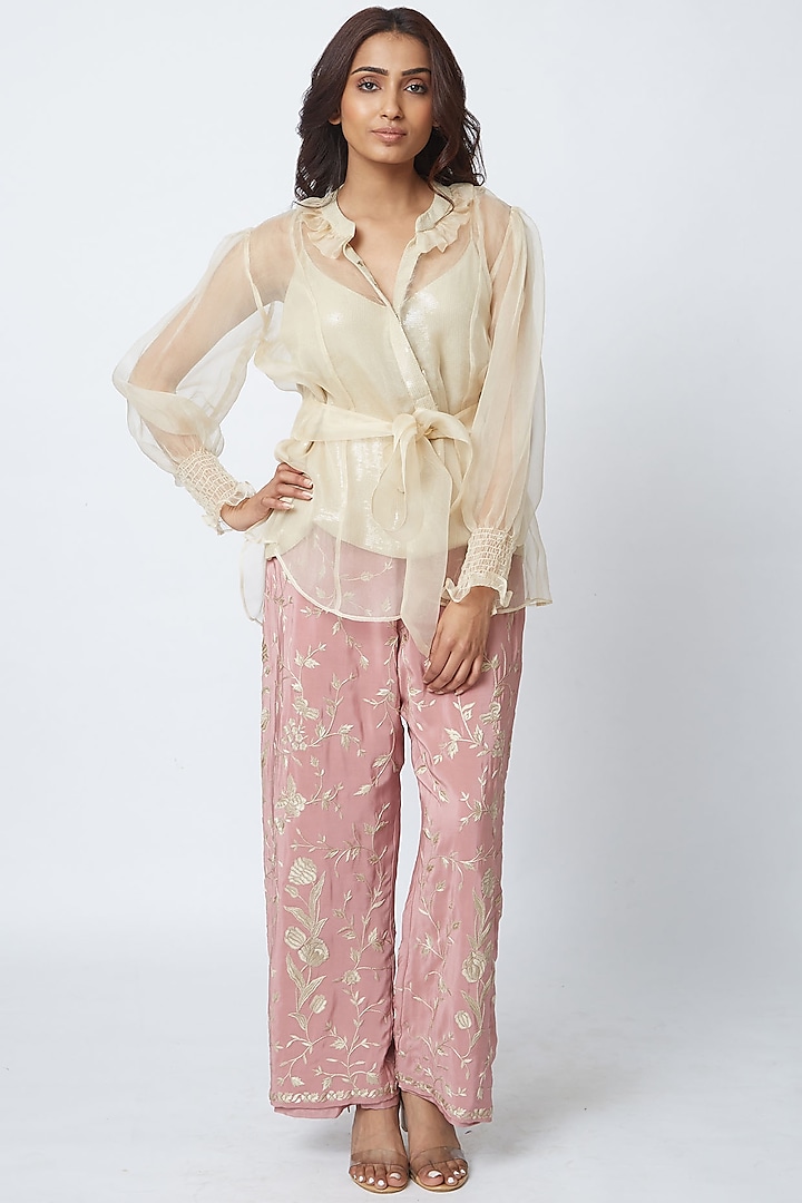 Pink Hand Embroidered Pant Set by Romaa