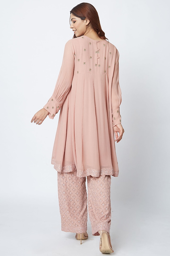 Blush Pink Hand Embroidered Palazzo Pant Set by Romaa at Pernia's Pop Up Shop