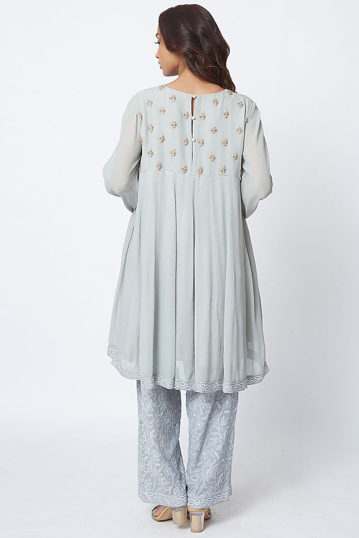 Light Grey Hand Embroidered Palazzo Pant Set by Romaa at Pernia's Pop Up Shop