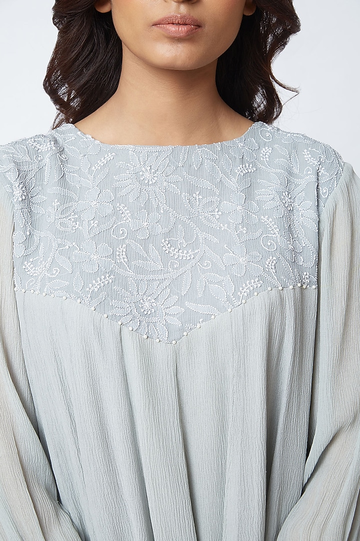 Light Grey Hand Embroidered Palazzo Pant Set by Romaa at Pernia's Pop Up Shop