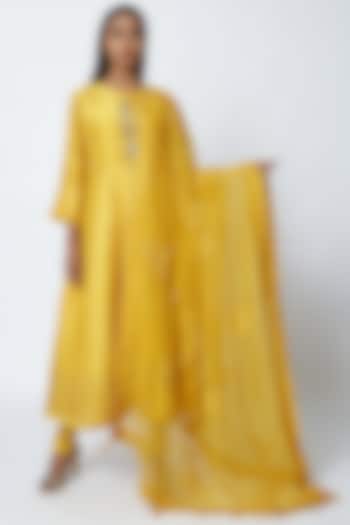 Mustard Yellow Hand Embroidered Anarkali Set by Romaa