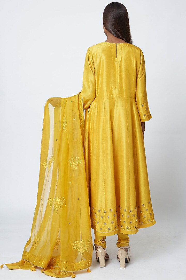 Mustard Yellow Hand Embroidered Wedding Anarkali Set by Romaa at Pernia's Pop Up Shop