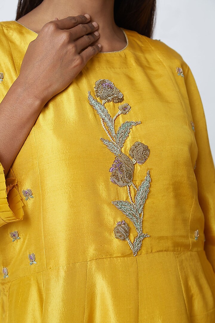 Mustard Yellow Hand Embroidered Wedding Anarkali Set by Romaa at Pernia's Pop Up Shop