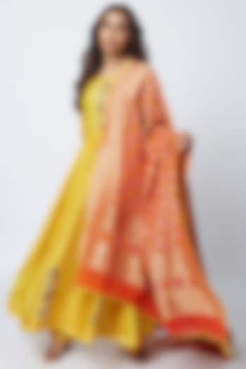 Yellow Hand Embroidered Anarkali Set by Romaa