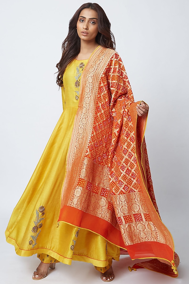 Yellow Hand Embroidered Anarkali Set by Romaa