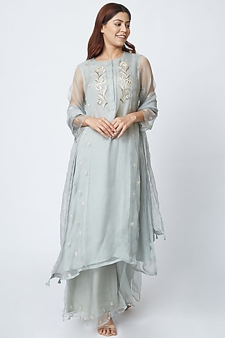Grey Hand Embroidered Kurta Set by Romaa