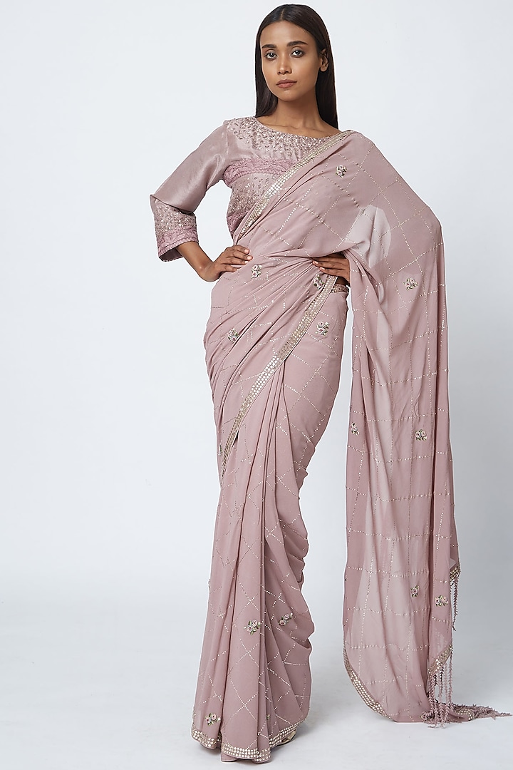 Mauve Hand Embroidered Saree Set by Romaa