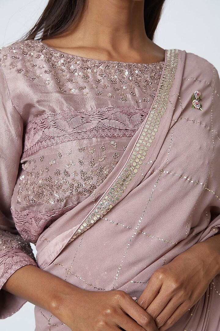 Mauve Hand Embroidered Wedding Saree Set by Romaa at Pernia's Pop Up Shop