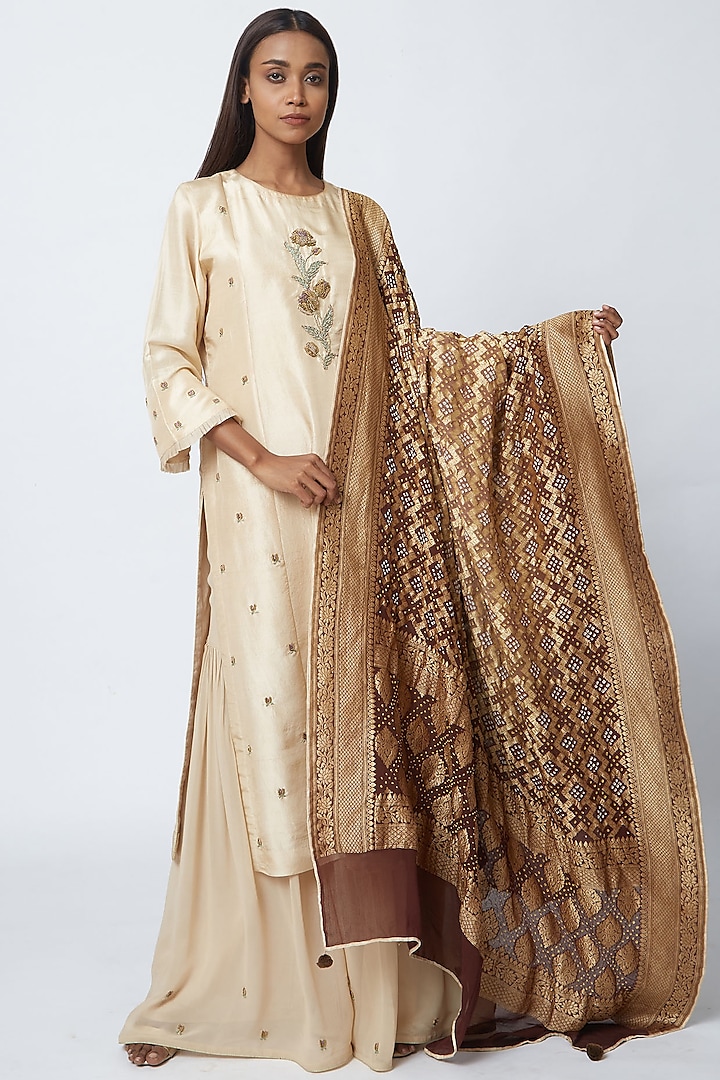 Beige Hand Embroidered Sharara Set by Romaa