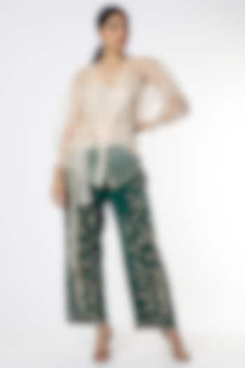 Dark Green Hand Embroidered Palazzo Pant Set by Romaa