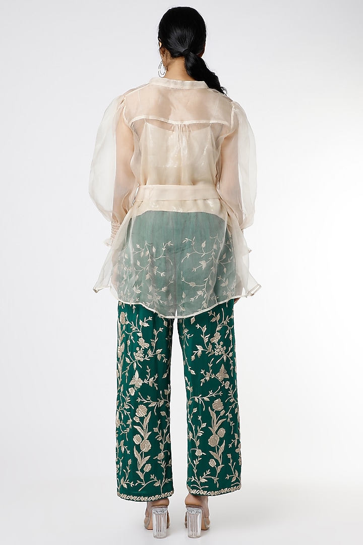 Dark Green Crepe Hand Embroidered Palazzo Pant Set by Romaa at Pernia's Pop Up Shop