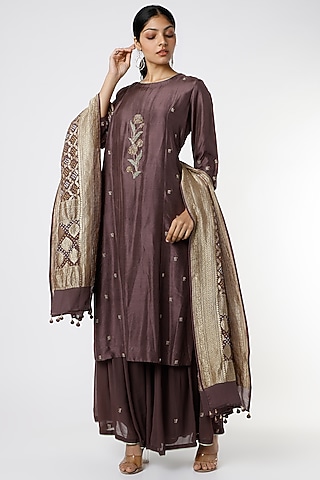 Wine Georgette Sharara Set by Romaa