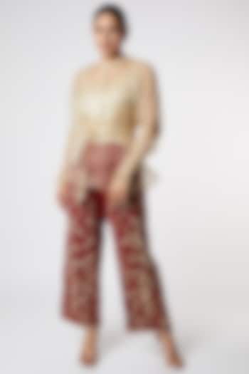 Beige Hand Embroidered Palazzo Pant Set by Romaa