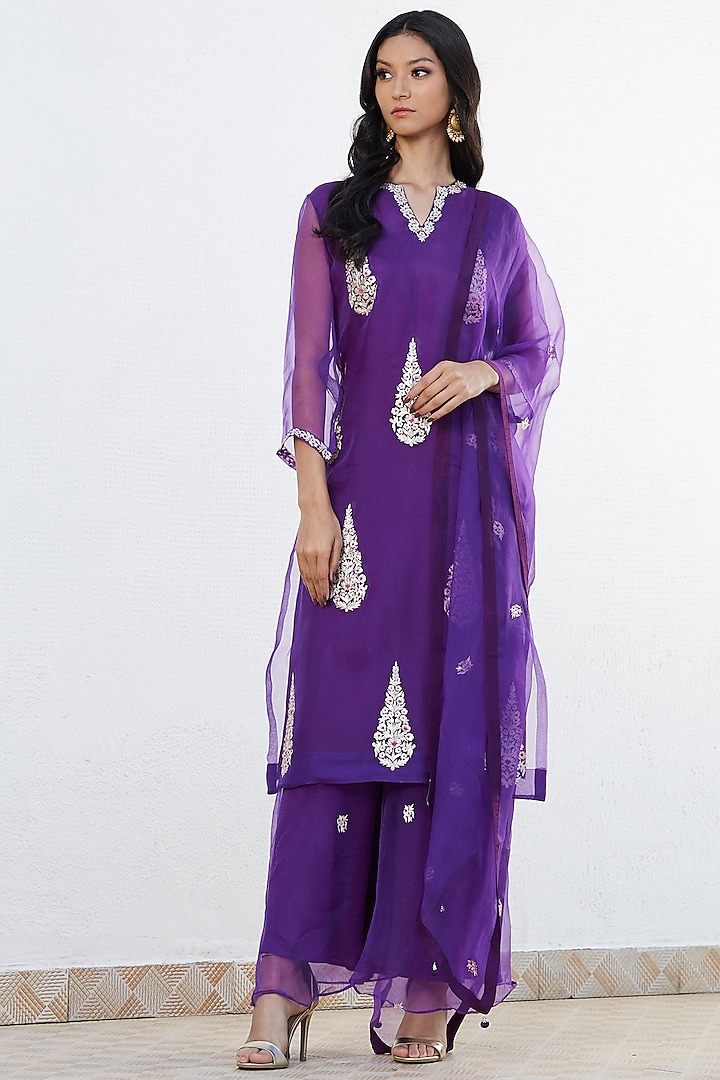 Purple Zari Hand Embroidered Sharara Set by Romaa
