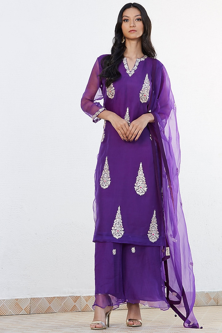 Purple Zari Hand Embroidered Wedding Sharara Set by Romaa at Pernia's Pop Up Shop