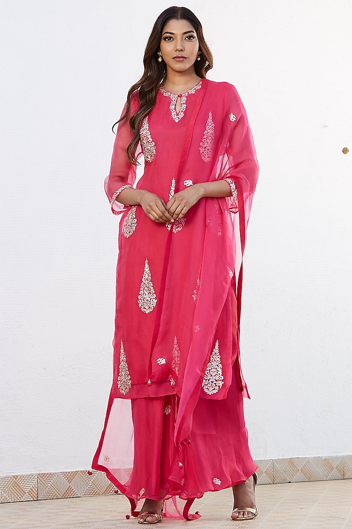 Rani Pink Zari Hand Embroidered Sharara Set by Romaa