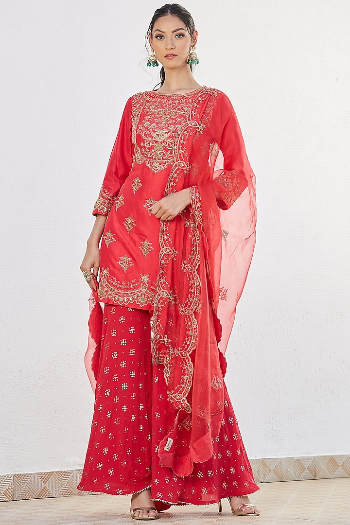 Red Georgette Embroidered Sharara Set by Romaa