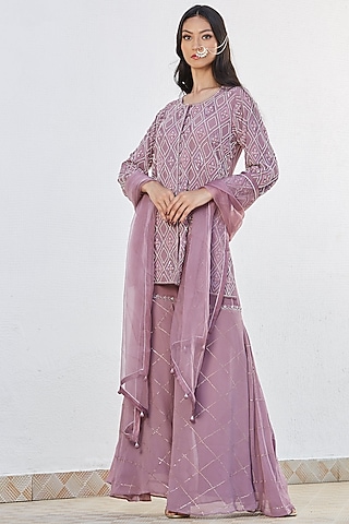 Wine Zardosi Hand Embroidered Sharara Set by Romaa