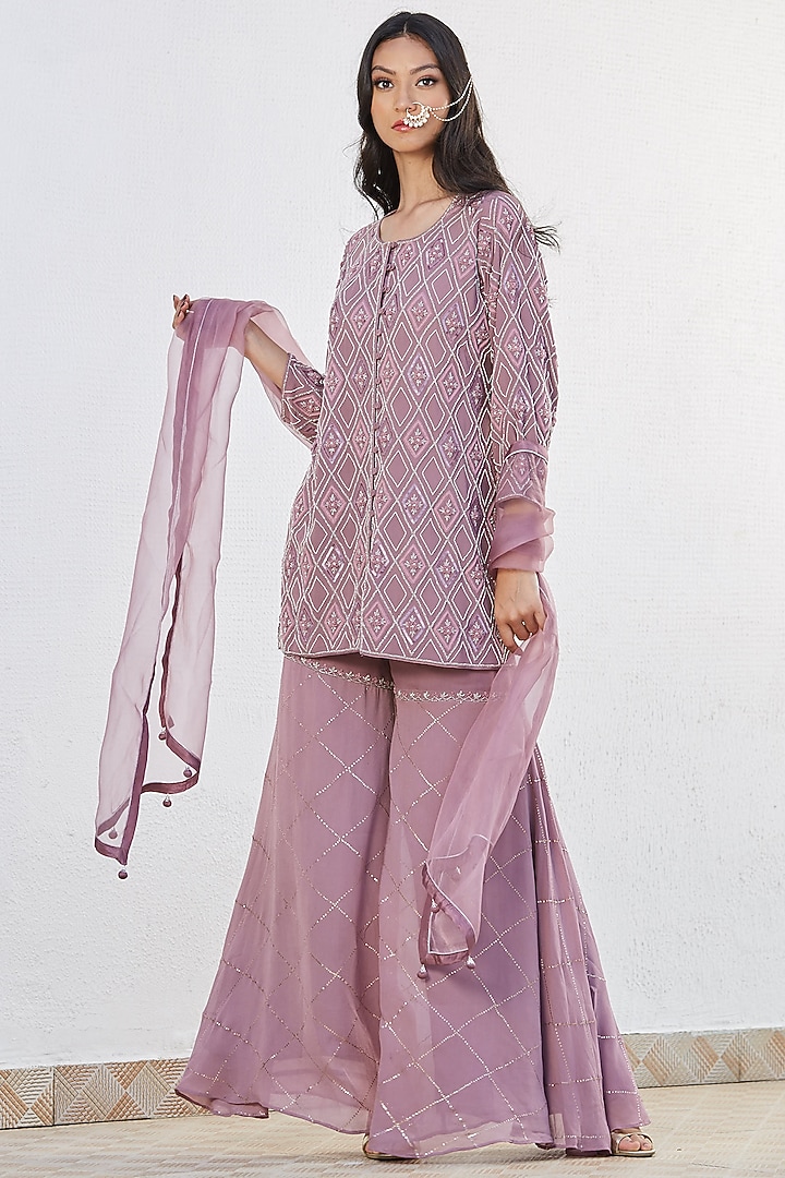 Wine Zardosi Hand Embroidered Wedding Sharara Set by Romaa at Pernia's Pop Up Shop